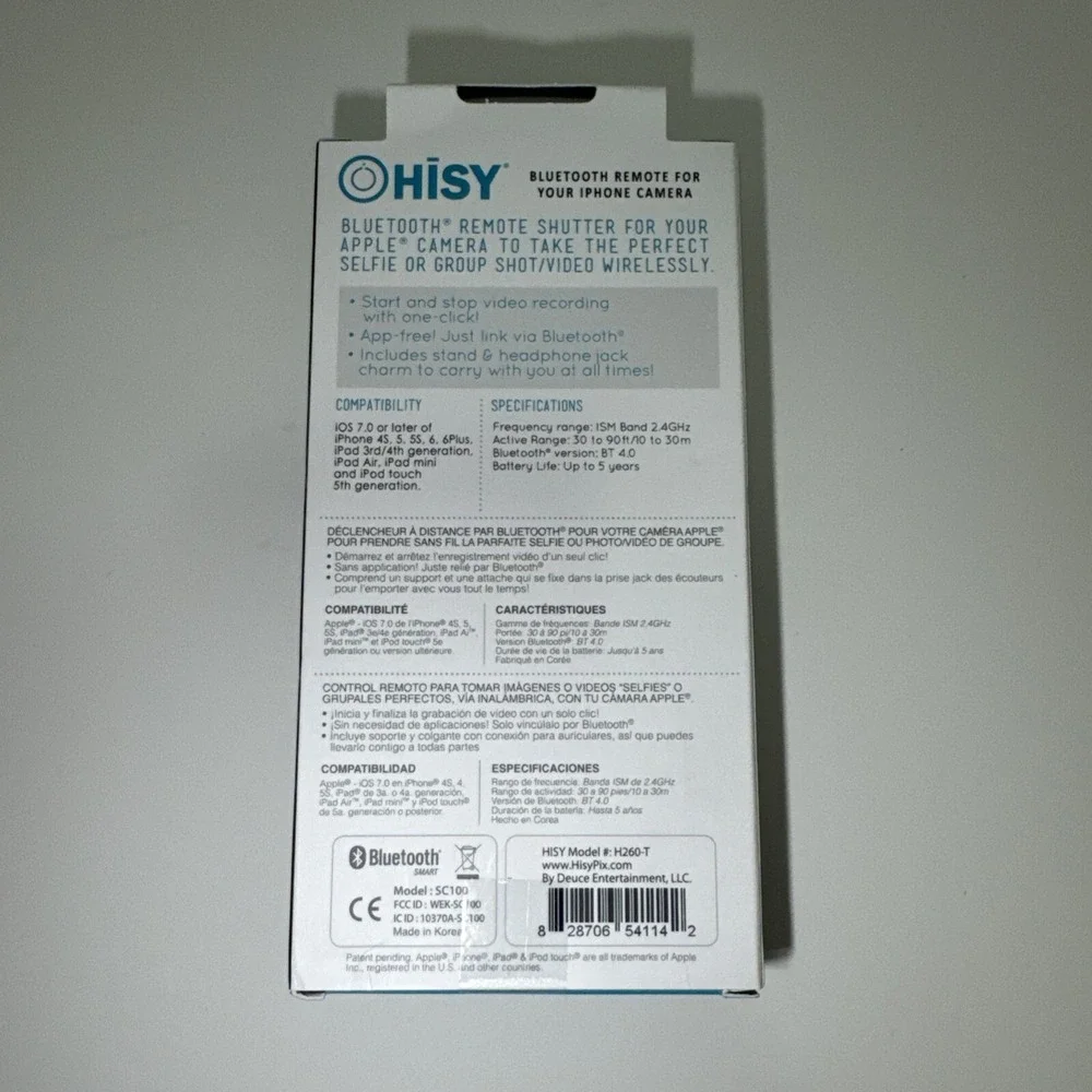 HISY Bluetooth Remote Camera Shutter & Selfie Clicker - Blue - New in Box